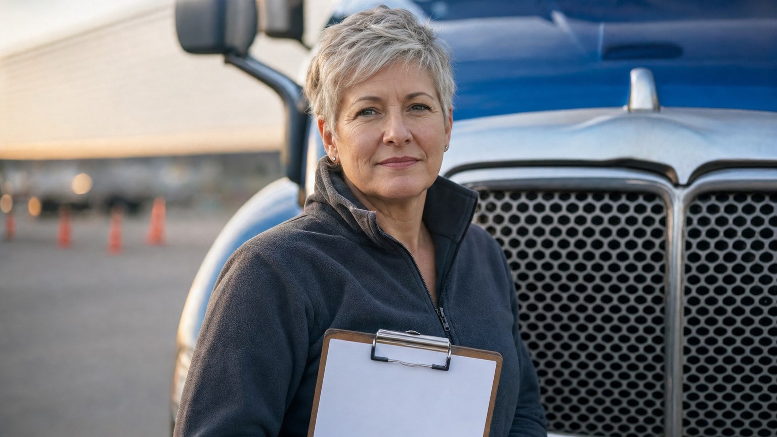 becoming a truck driver at 50 — a woman in her fifties with short silver hair holding a clipboard in front of a blue semi truck at a training yard