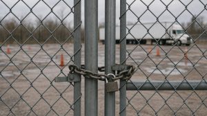 CDL school shut down — locked gate of a truck driving school yard with cones and a training truck behind it