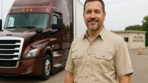CSA score PSP MVR — truck driver with a clean record beside his semi truck