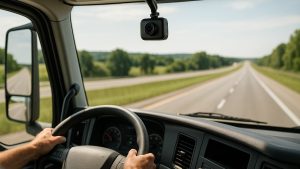 dash cams for truck drivers - dash camera mounted on the windshield of a semi truck cab