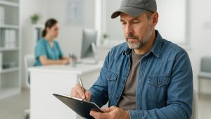 Наркотест DOT — водитель заполняет анкету в медицинском офисе