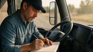 сломался ELD что делать — водитель сверяет планшет ELD и бумажный логбук в кабине