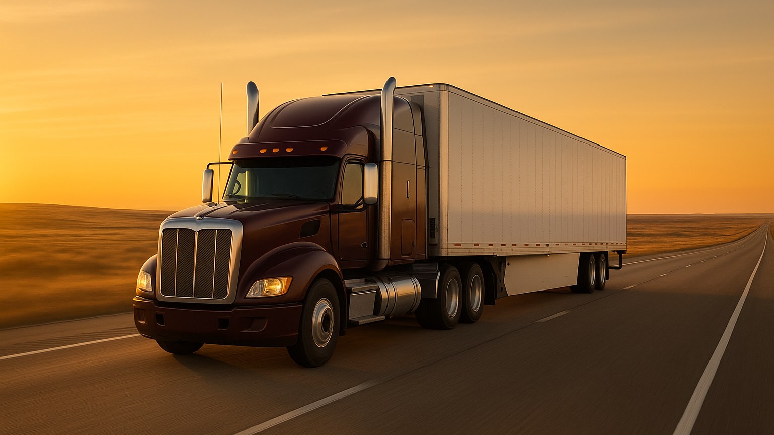 fuel efficient truck driving — semi truck cruising on an open interstate at sunrise