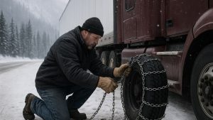 how to chain up a semi truck - driver installing tire chains on the drive wheels in the snow