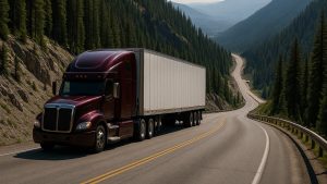 mountain driving for truckers — semi truck descending a steep mountain grade