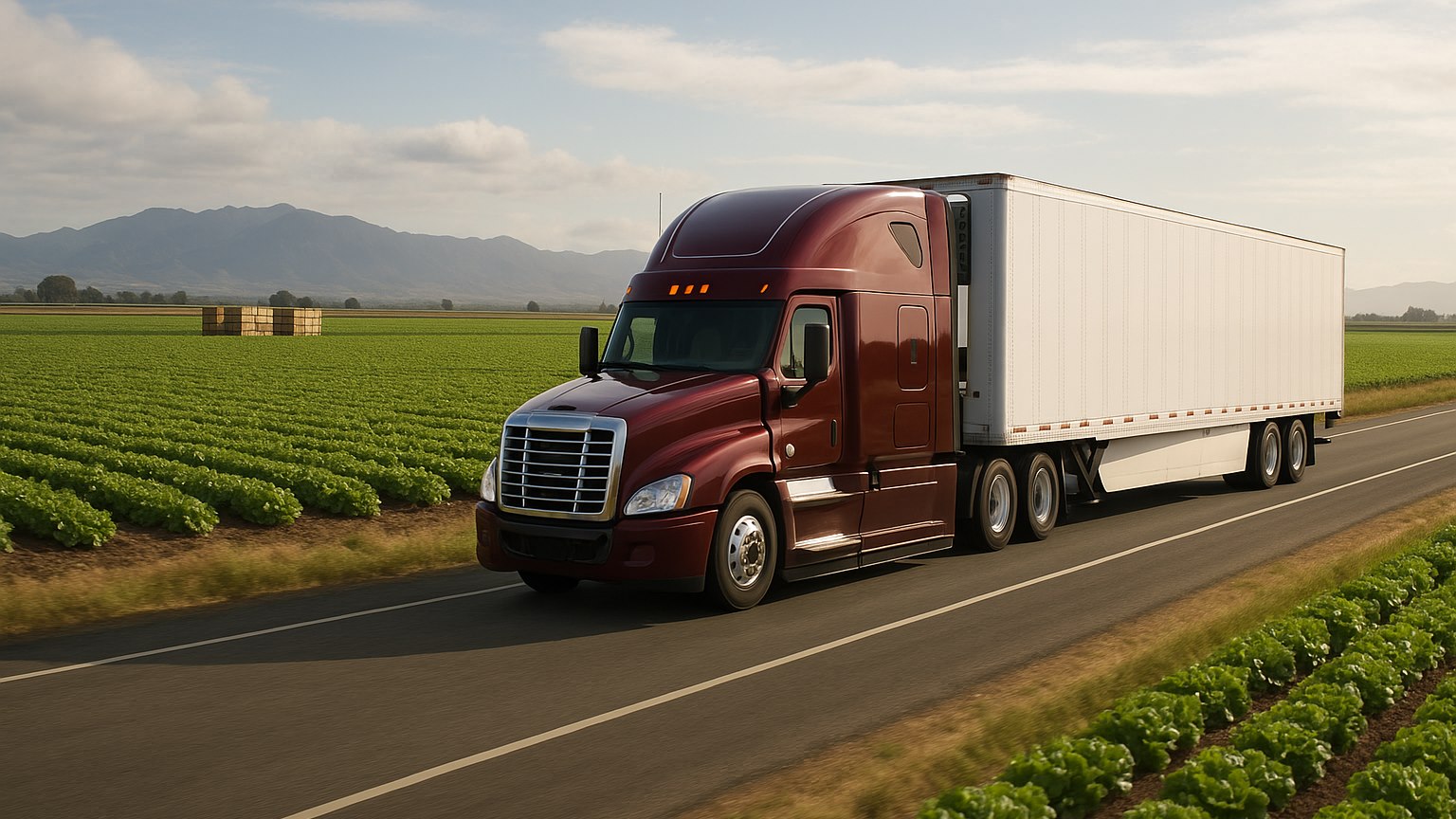 reefer freight seasons — refrigerated truck passing harvest fields