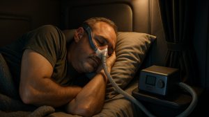 sleep apnea DOT physical - truck driver resting in the sleeper berth with a CPAP machine on the shelf