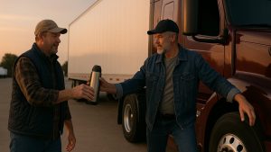 Team truck driving — two drivers switching at a semi truck with reefer trailer