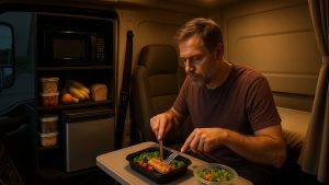 Truck driver road expenses — organized sleeper cabin with fridge and meal prep