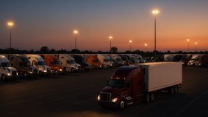 truck parking for OTR drivers — truck stop at dusk