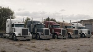 trucking company bankruptcy — idle semi tractors of different colors parked in a row on a weedy company yard