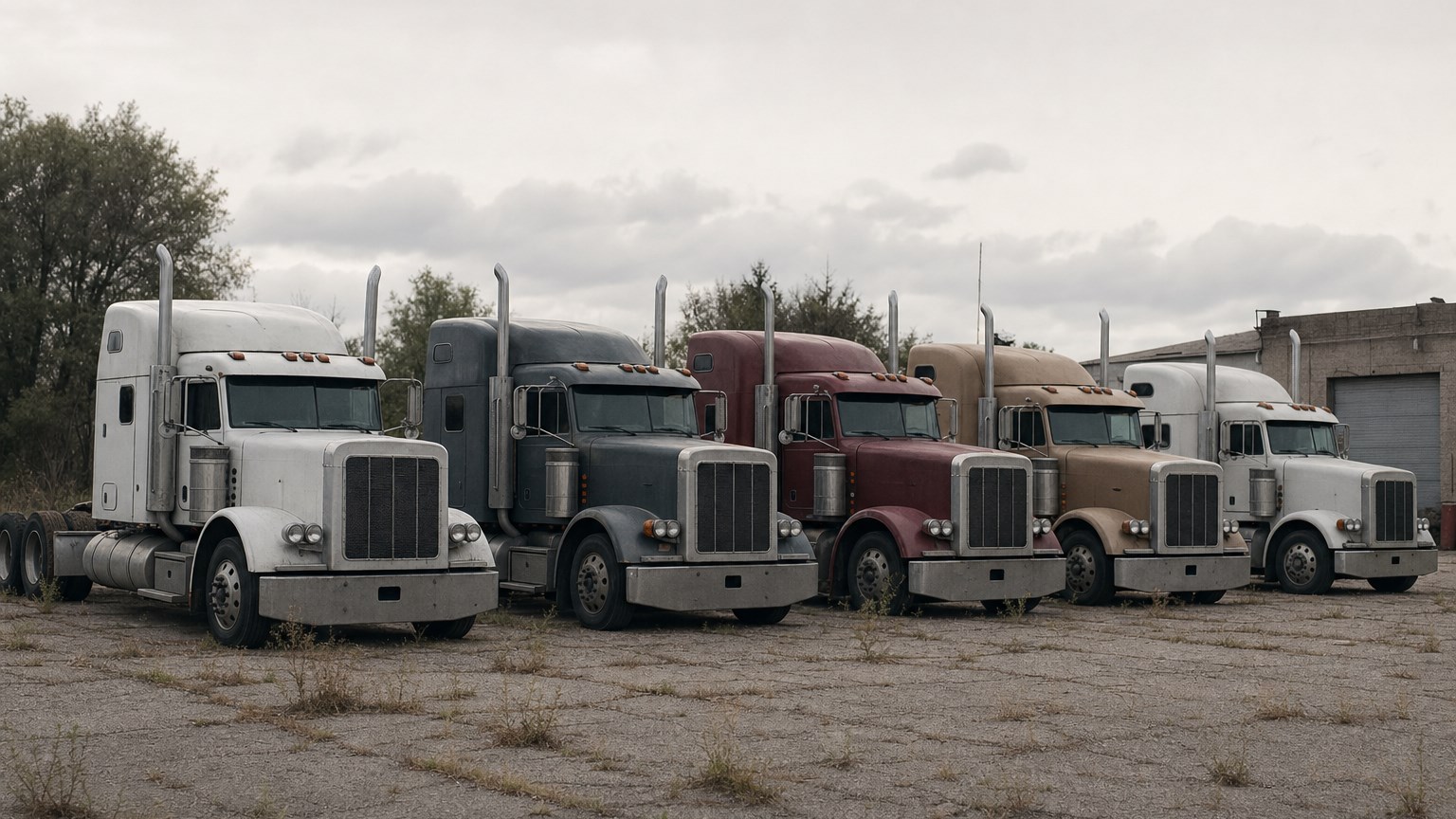 trucking company bankruptcy — idle semi tractors of different colors parked in a row on a weedy company yard