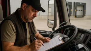 trucking paperwork — driver reviewing a bill of lading in the cab