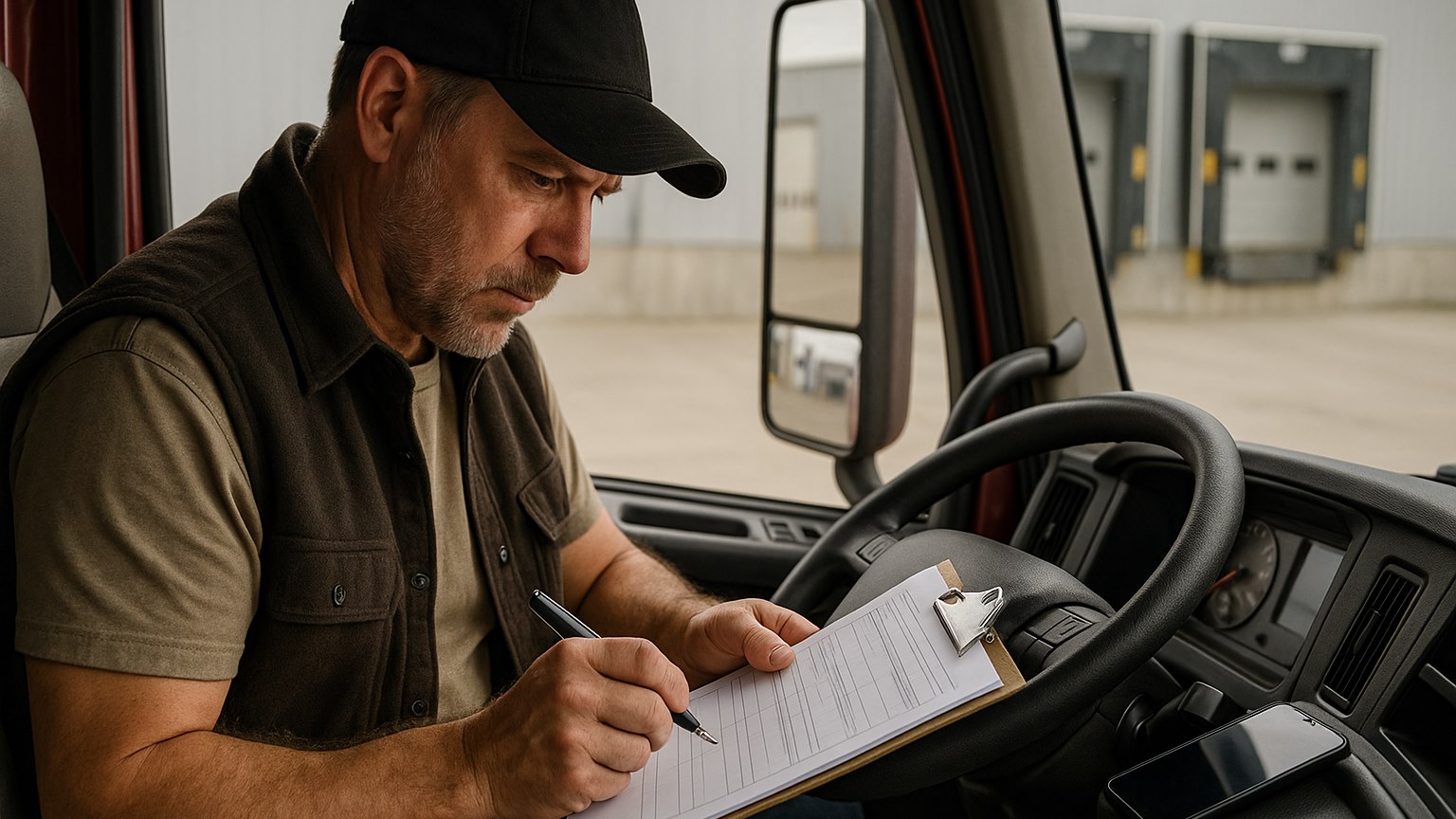 trucking paperwork — driver reviewing a bill of lading in the cab