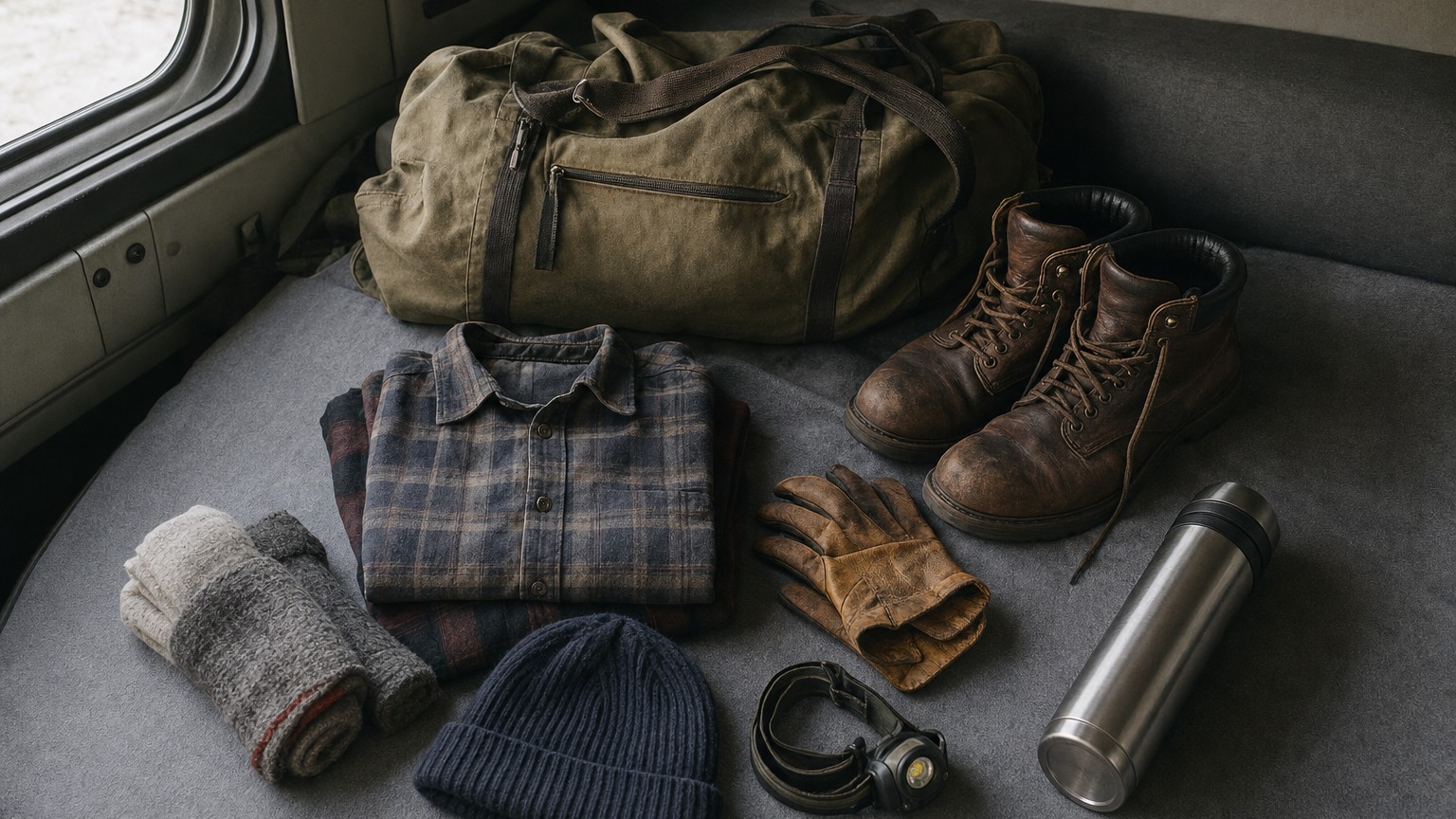 what to pack for OTR — duffel bag, flannel shirts, work boots, gloves, headlamp, thermos, socks and a beanie laid out on a sleeper bunk